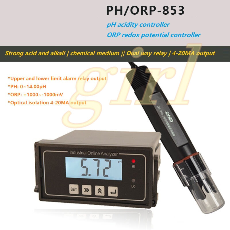 PH Controller PH-853 pH Temperatura Medidor, PH Transmissor ORP Redox, eletrodo, novo