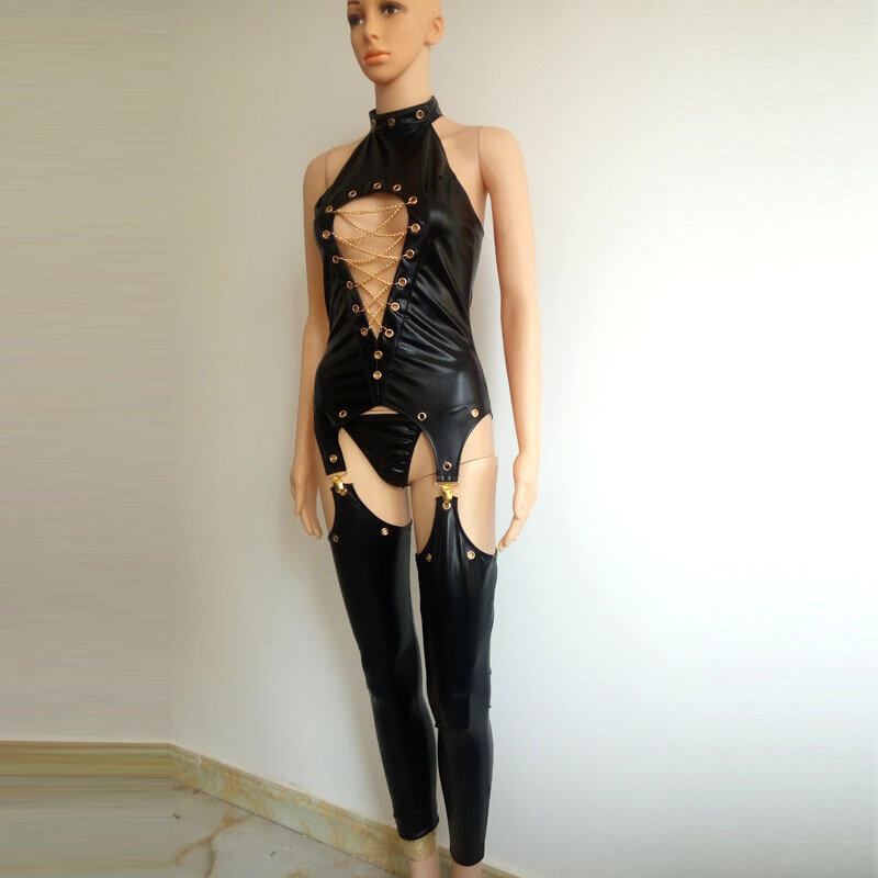 Sexy dama de PVC negro hueco de cuero de imitación de látex Zentai Catsuit Wetlook mono Lencería erótica traje de PU Club de