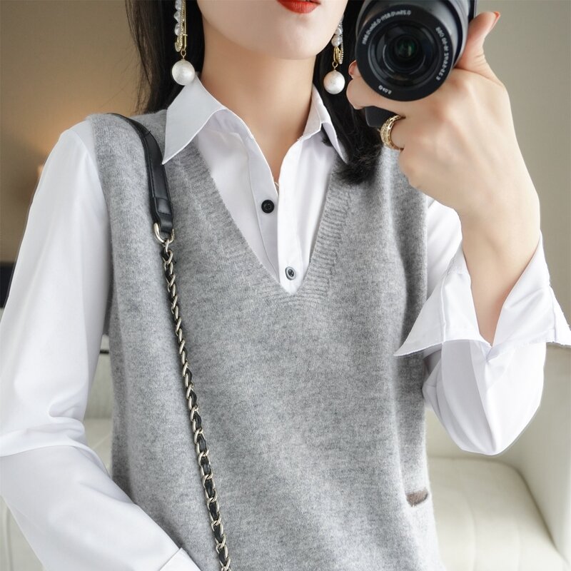 2021 Pure Wool Sweater 100% Knitted Pullover Vest Ladies Loose V-Neck Fashion All-Match Autumn And Winter New Style Waistcoat