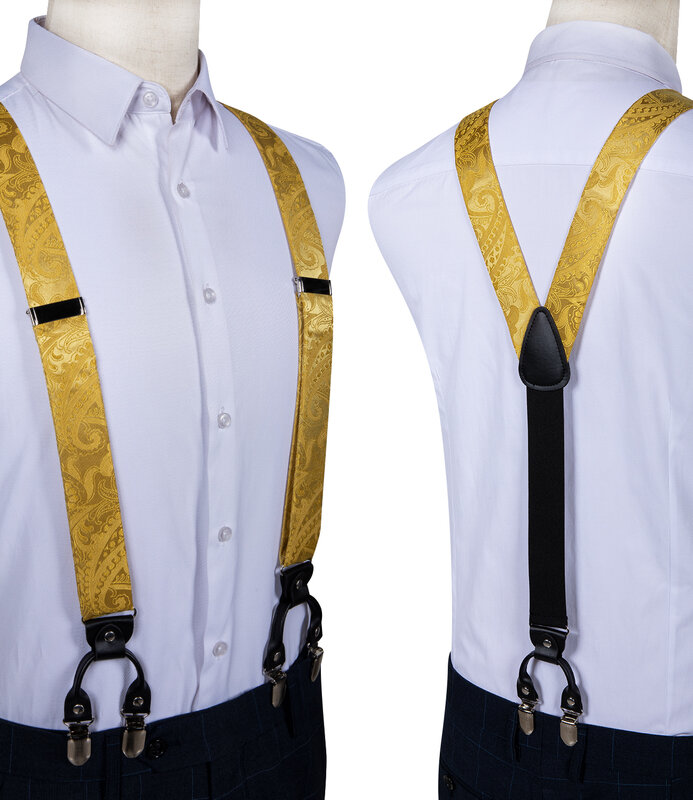 Suspensórios masculinos amarelos de luxo, seda elástica de 6 clipes suspensórios de festa de casamento para homens, conjunto de gravata borboleta dibangu