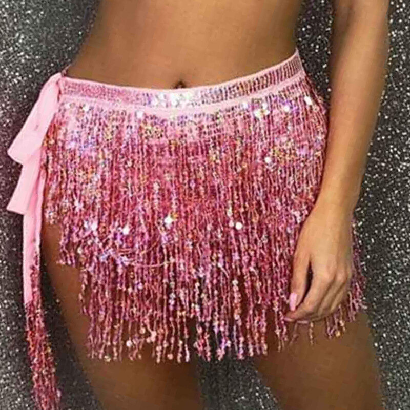 Kobiety Boho Fringe spódnica seksowne cekiny Tassel Belly Dance chusta na biodra Rave spódnica wiązana pas wydajność Custume spódnica 2021