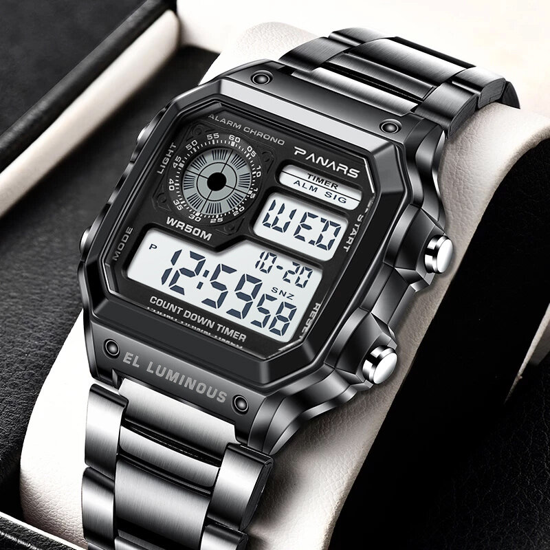 SYNOKE-Reloj de pulsera deportivo militar para hombre, cronógrafo de acero inoxidable, resistente al agua, con pantalla cuadrada Digital, 5BAR