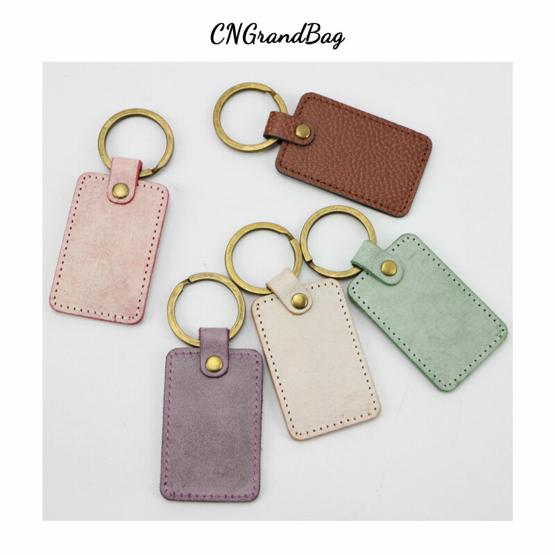 Free Personalized Keychain Genuine Vegetable Tanned Leather Key Holder Custom Letters Leather Square Keyring