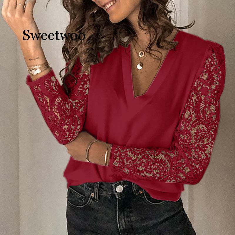 Szyfonowa bluzka damska 2020 wiosna lato dekolt w serek koronki Top z dziurami 5XL haft koszula patchworkowa z długim rękawem Plus rozmiar