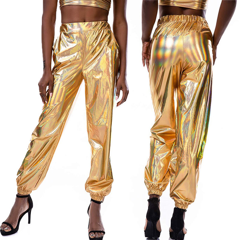 Pantalones de cintura alta para mujer, pantalón brillante metálico, ropa de calle informal de Color holográfico, pantalones reflectantes lisos a la moda