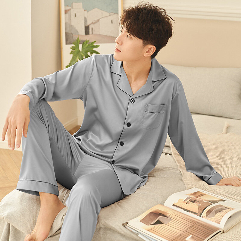 Grey Pajamas Nightshirt Set Satin 2pcs Shirt&pants Nightwear Sexy Men Home Clothes Pocket Sleepwear Loose Sleep Suit Pijamas