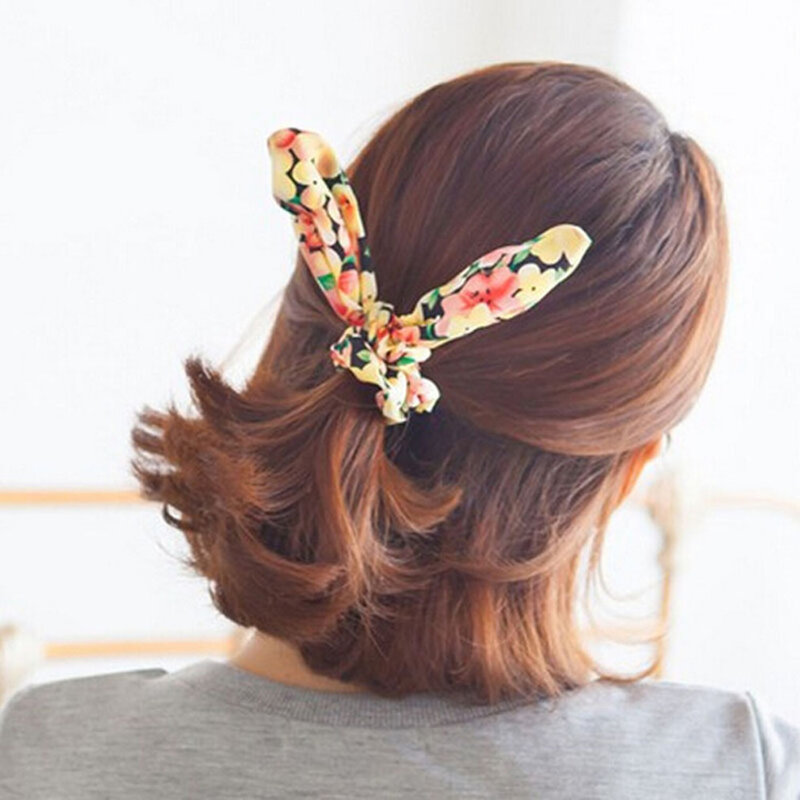 1 pcs sakura flor chiffon flor bandas de cabelo elástico coelho orelhas cerejeira flor tecido cabelo tiesponytail titular