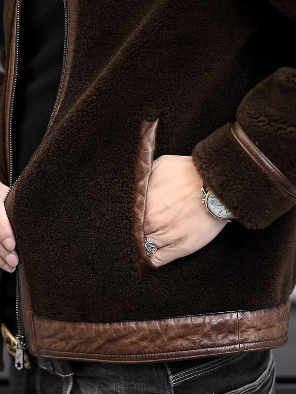 2021 New Winter Men's Fashion Thick Real Fur Jacket Long Sleeve Lapel Pocket Warm Coat Casual Solid Color Zipper Overcoat U31