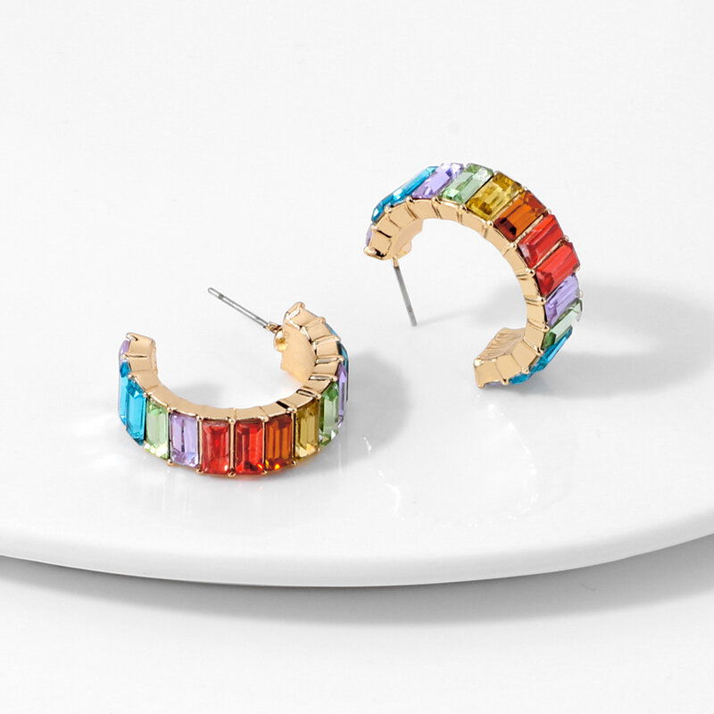 Lost Lady Fashion Multi-Color Crystal Glass C Cuff Stud Earrings Girl Women's Geometric Earrings Wedding Party Jewelry Wholesale