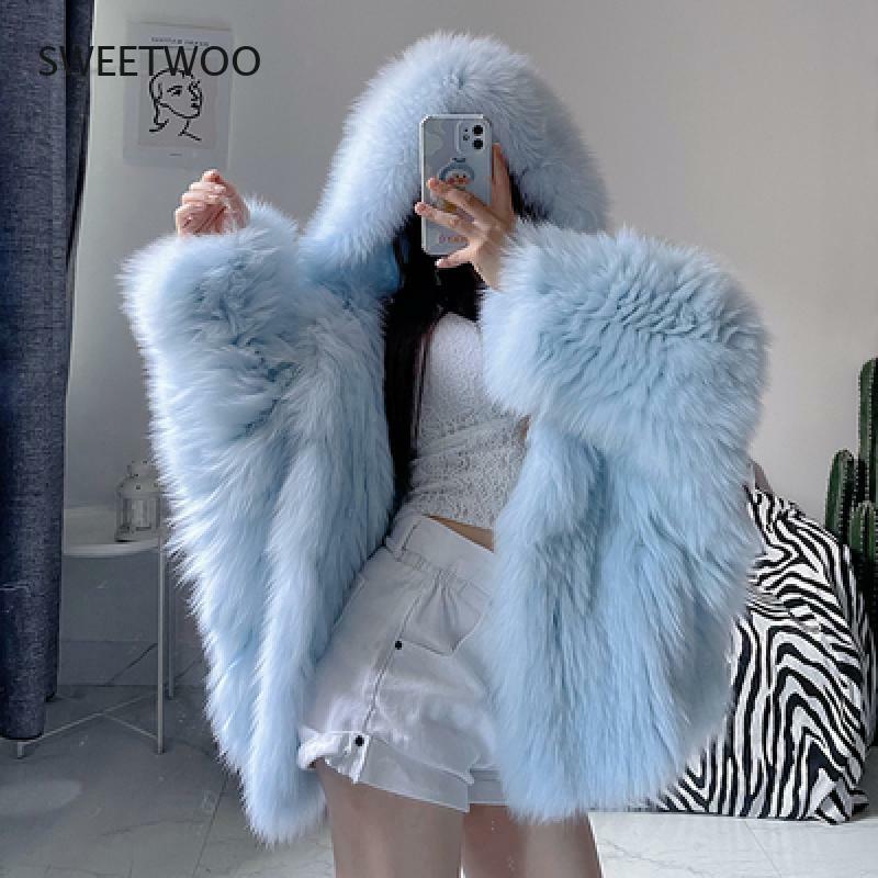 Winter Knitted Furry Faux Fox Fur Coat Hooded Bat Sleeve Chaquetas De Mujer Abrigo Peludo Casaco De Pele Fake Feminino 2022