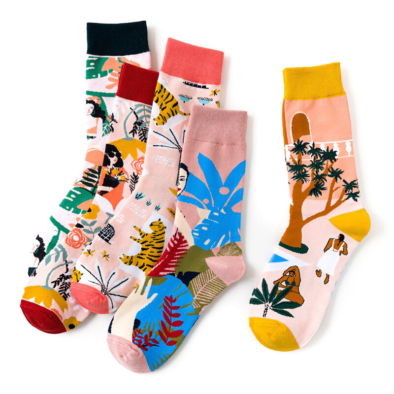 Chaussettes drôles de dessin animé pour femmes, chaussettes de planche à roulettes florales Harajuku, chaussettes décontractées, jolies filles, portrait, rouge, vert, heureux, japonais, offres spéciales