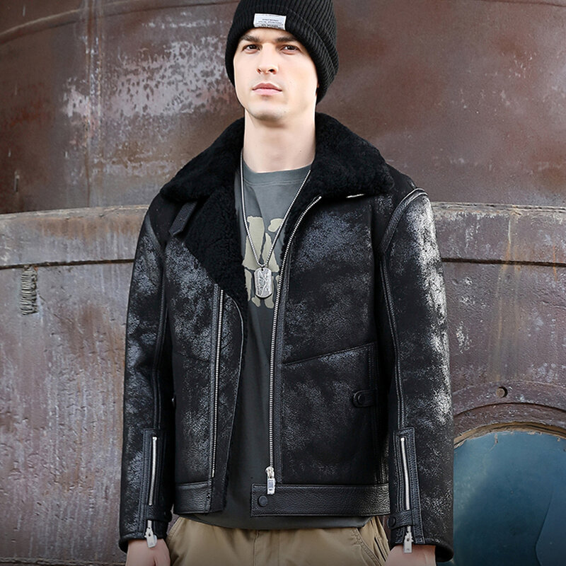 男性用の本物の毛皮のジャケット,厚くて黒いジッパー,スリム,暖かい,自然なシープスキン,きらめく毛皮の服,2021