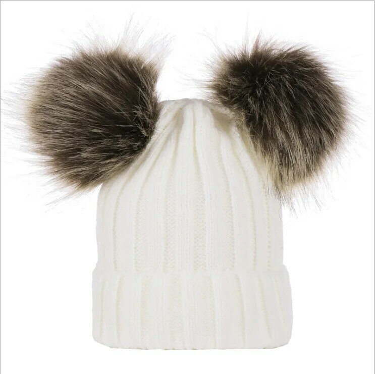 European and American baby double ball wool hat knitting hat large imitation Raccoon Fur Winter Bib suit