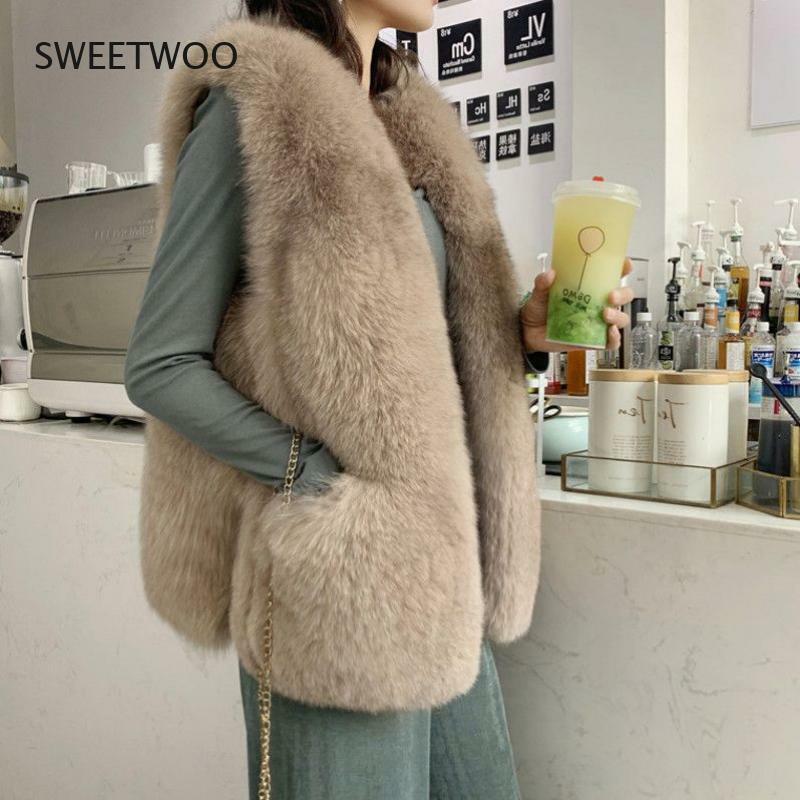 Chaleco de piel de zorro sintética para mujer, chaleco largo de piel auténtica, moda elegante, ajustado, novedad de 2022