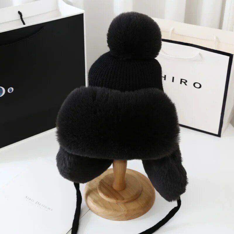 Plush Bomber Hat with Top Ball Decoration Warm Ear Protection Ski Hat Imitation Rabbit Fur Warm Cosplay Costume Accessory