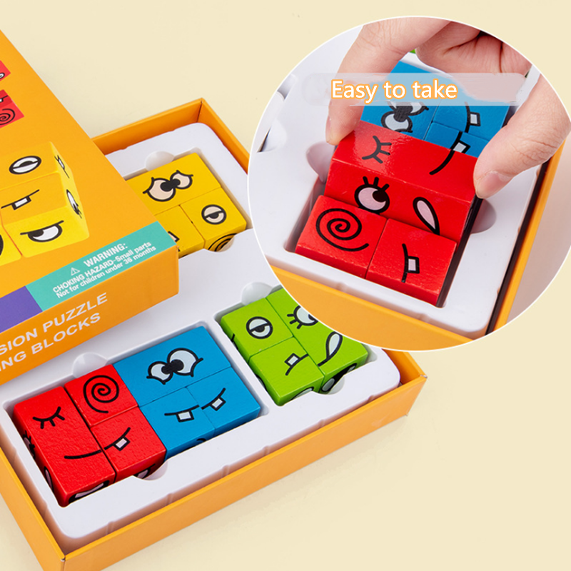 Деревянная головоломка Монтессори, учебные пособия, милый кубик, сменяющий лицо, строительный блок, декомпрессионная игра для детей, обучающие игрушки