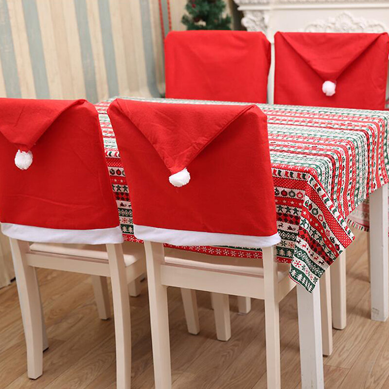 Juste de chaise avec chapeau rouge pour la décoration de la maison, chapeau de père Noël, couvertures arrière de chaise, table d'attente de Noël, fête de Noël