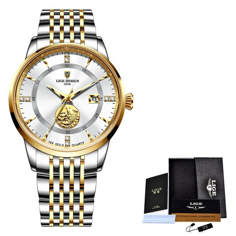 LIGE-メンズウォッチ,ステンレススチール,耐水性,クォーツ腕時計,金魚のデザイン,ケース