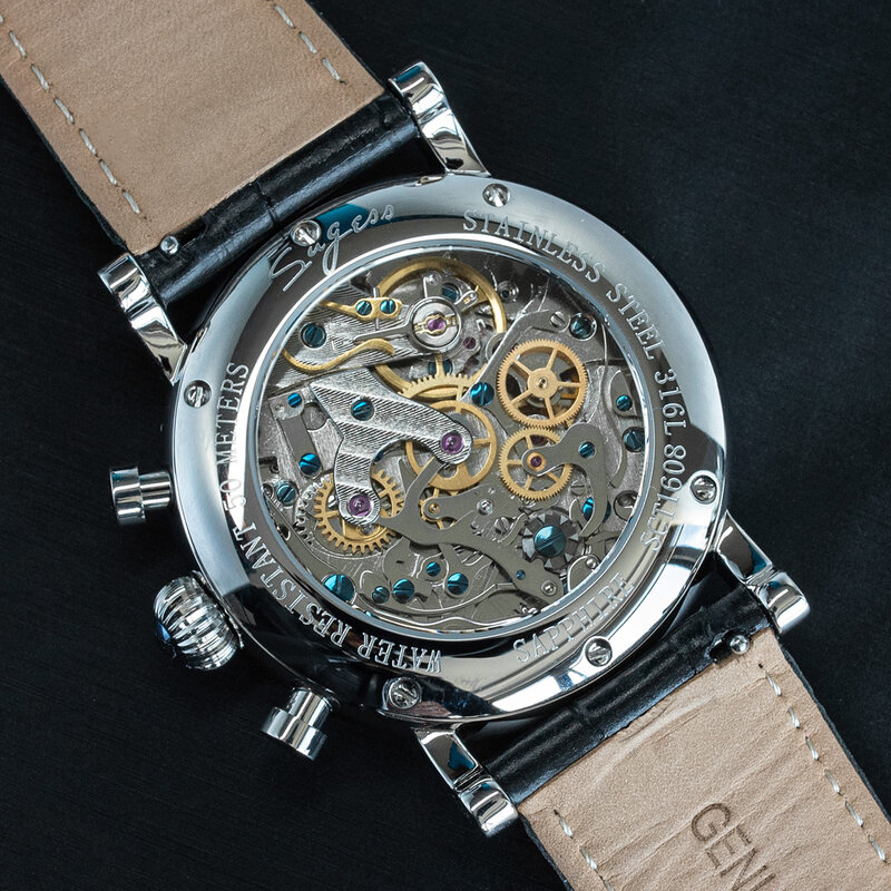 Sugess mechanische Uhr st1908 Chronograph Armbanduhren Mondphasen werk wasserdichte Uhr Saphir Kalender Vintage bk Zifferblatt