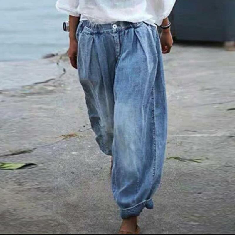 Celana Kaki Lebar Wanita Celana Jeans Longgar Celana Panjang Musim Semi Pinggang Tinggi Saku Celana Denim Kasual