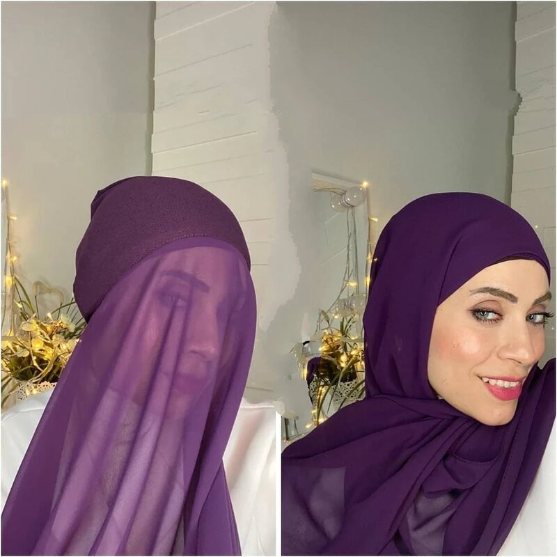 Syal Hijiab Sifon Polos Wanita dengan Topi Syal Dalam Jersey Syal Dalam Islam Ikat Kepala Selendang Muslim Penutup Jilbab Lentur Penutup Kepala