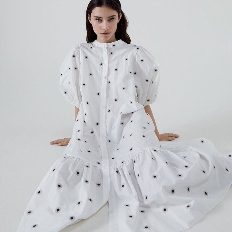Vestido Midi de algodón con manga abombada para mujer, vestido Vintage de lunares, blanco, bordado Floral, informal, para fiesta de verano