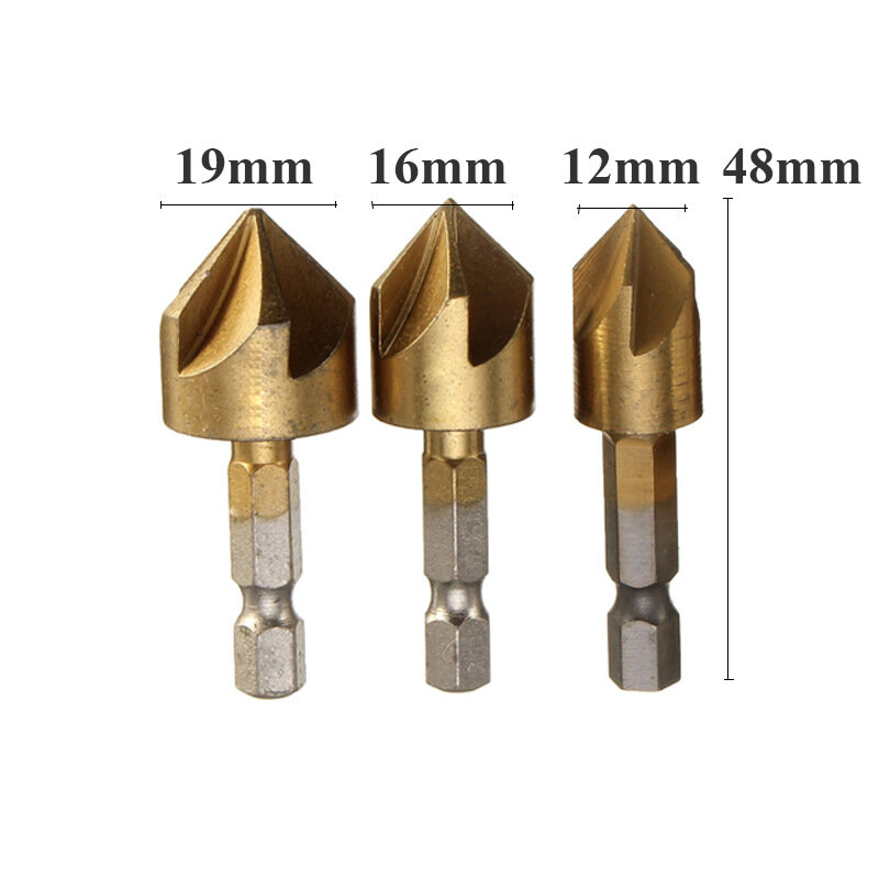 Broca de chaflán HSS para avellanador, vástago hexagonal de 1/4 ", cortador de biselado de madera de 90 grados, 6mm-19mm, 6 uds.