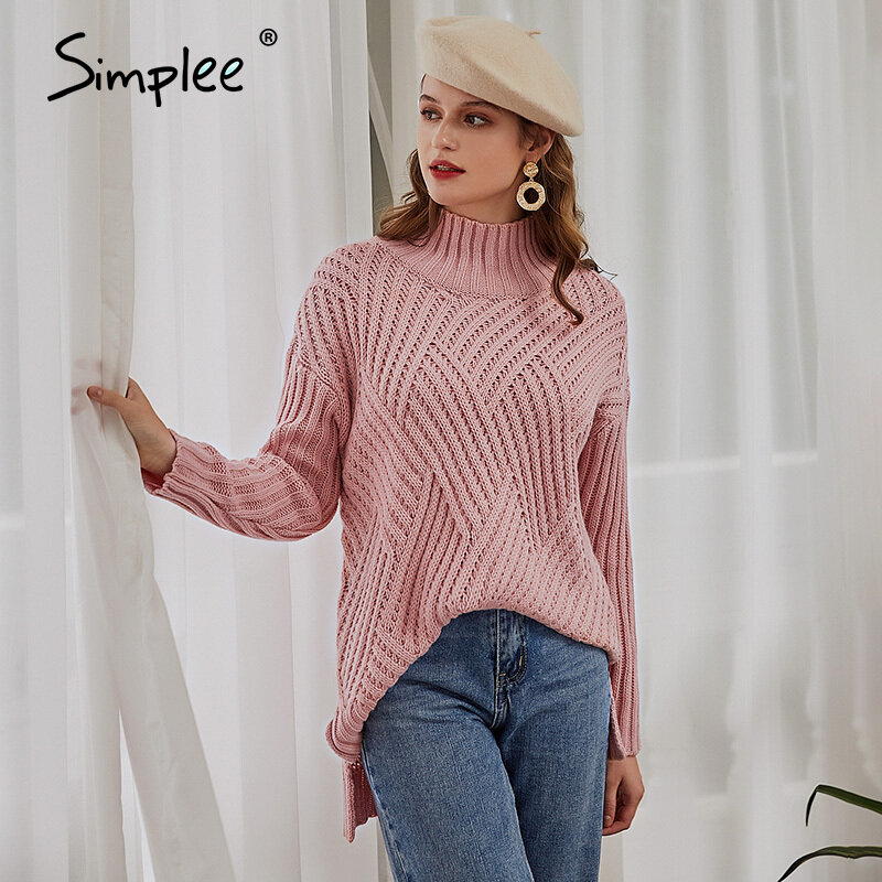 Simples cor sólida solta feminino camisola de malha outono inverno em torno do pescoço pulôver camisola senhora do escritório rosa pulôver 2020 novo