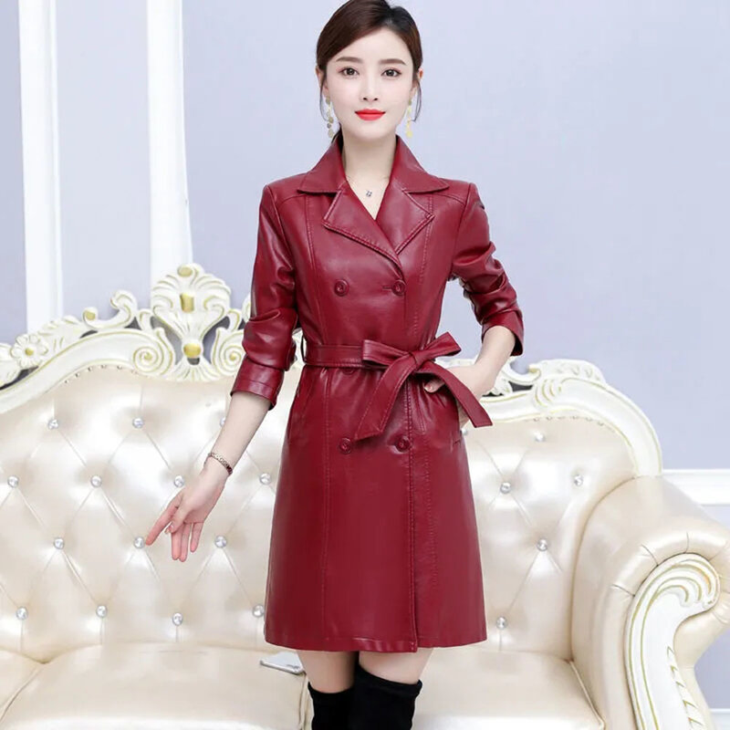 Fall Casual Simple Faux Leather Jacket Lady PU Women Clothing Plus Size 7XL Moms Clothing Trench Long Faux Leather Street Coat