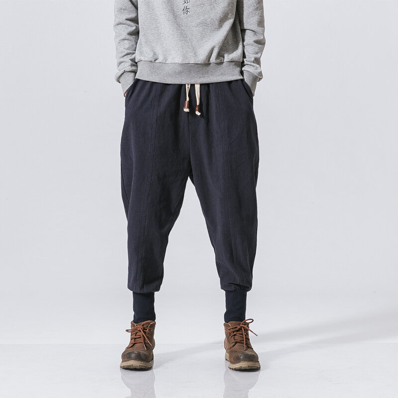Estilo chinês harem calças masculinas streetwear casual joggers calças masculinas algodão linho moletom tornozelo-comprimento calças M-5XL