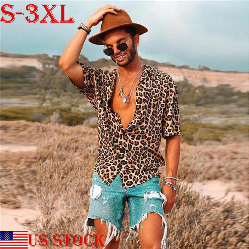 S-3XL 플러스 사이즈 남성 셔츠 탑스 남성 빈티지 레오파드 프린트 셔츠 남성용 여름 캐주얼 반소매 티셔츠 남성 블라우스 탑스