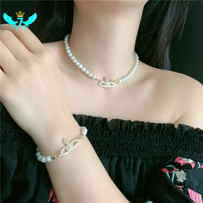 Collar de perlas de Saturno clásico Vintage de lujo, collar de perlas de agua dulce para mujer, cadena de clavícula, Collar corto, pulsera TOB