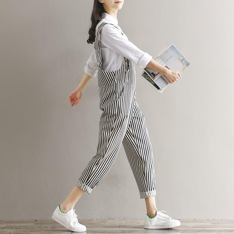 Girl Style Casual Trousers  New Fall Fashion Literature Female Autumn Cotton Jumpsuit Women Stripe Rompers With Pockets