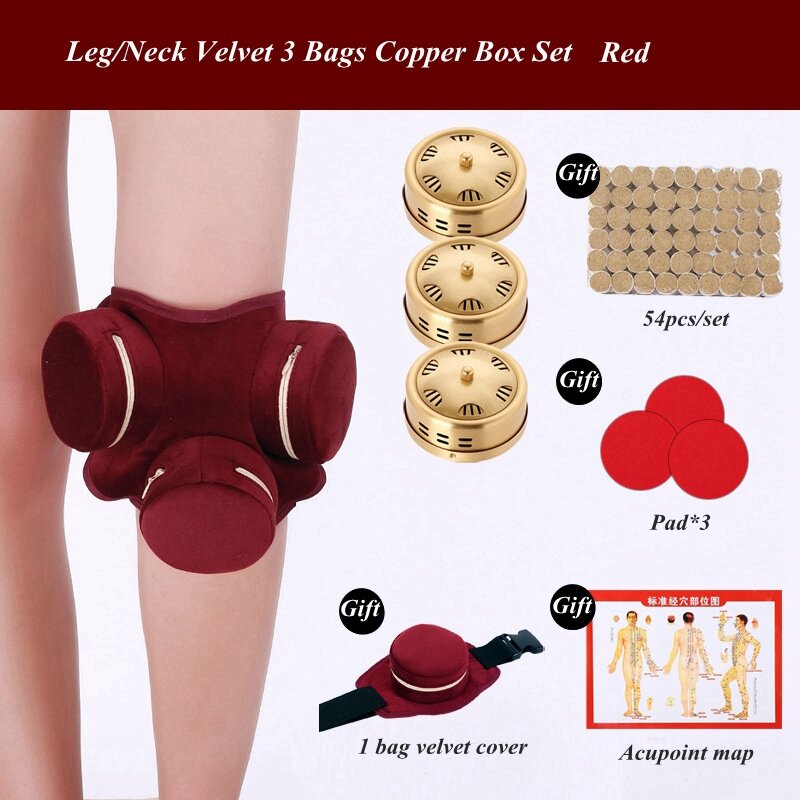 Copper Moxibustion Box Smokeless Velevt Bag Cover Moxa Stick Burner Set Warm Palace Shoulder Knee Acupuncture Therapy Massage