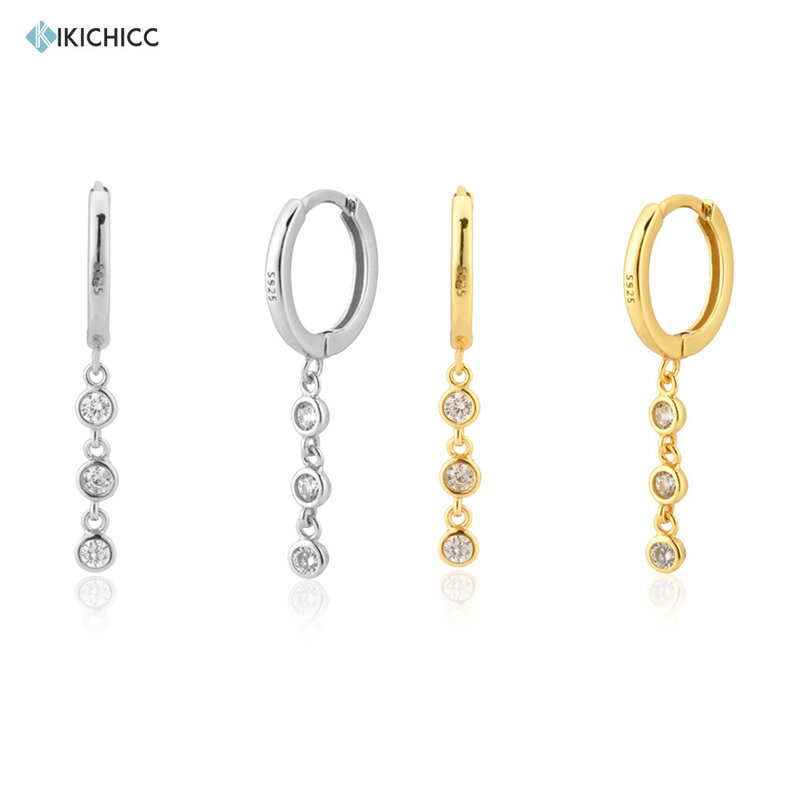 Kikichicc europeo argento Sterling 925 oro zircone catena di fascino orecchini a goccia moda donna cristallo CZ Pendiente gioielli Clip Rock