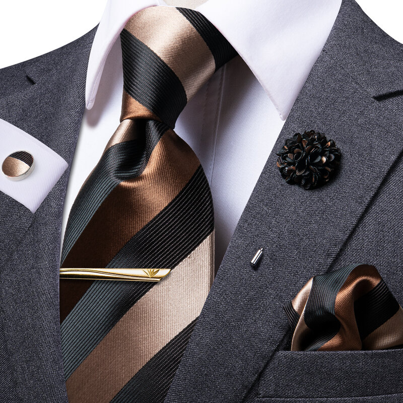 Hi-Tie Corbata a rayas marrones de negocios para hombres, Clip de corbata de seda negra para hombres, regalo de lujo, conjunto de gemelos de pañuelo, vestido Formal