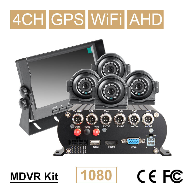 Gratis Pengiriman 7 "Layar 4CH Hard Disk WIFI GPS HDD Mobil Mobile DVR Kit dengan 4 Pcs Depan/ sisi/Di Luar Tahan Air Kamera untuk Bus