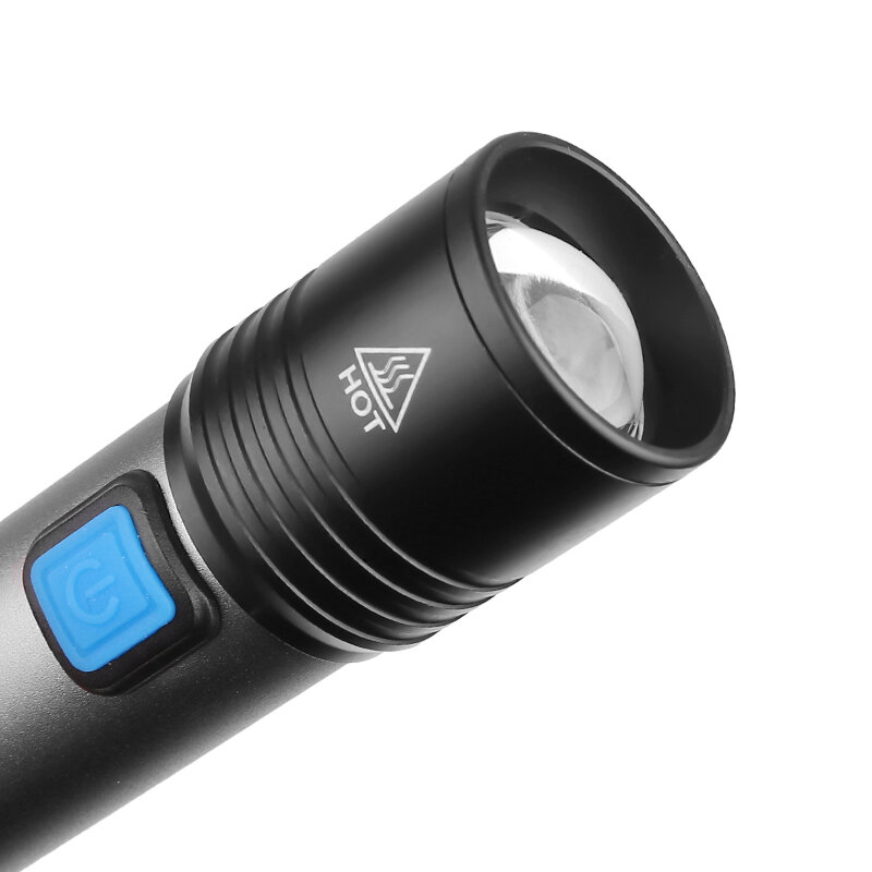 USB 충전식 T6 LED 손전등, 휴대용 내장 1200mAh 리튬 배터리 방수 캠핑 라이트 줌이 가능한 토치 출력