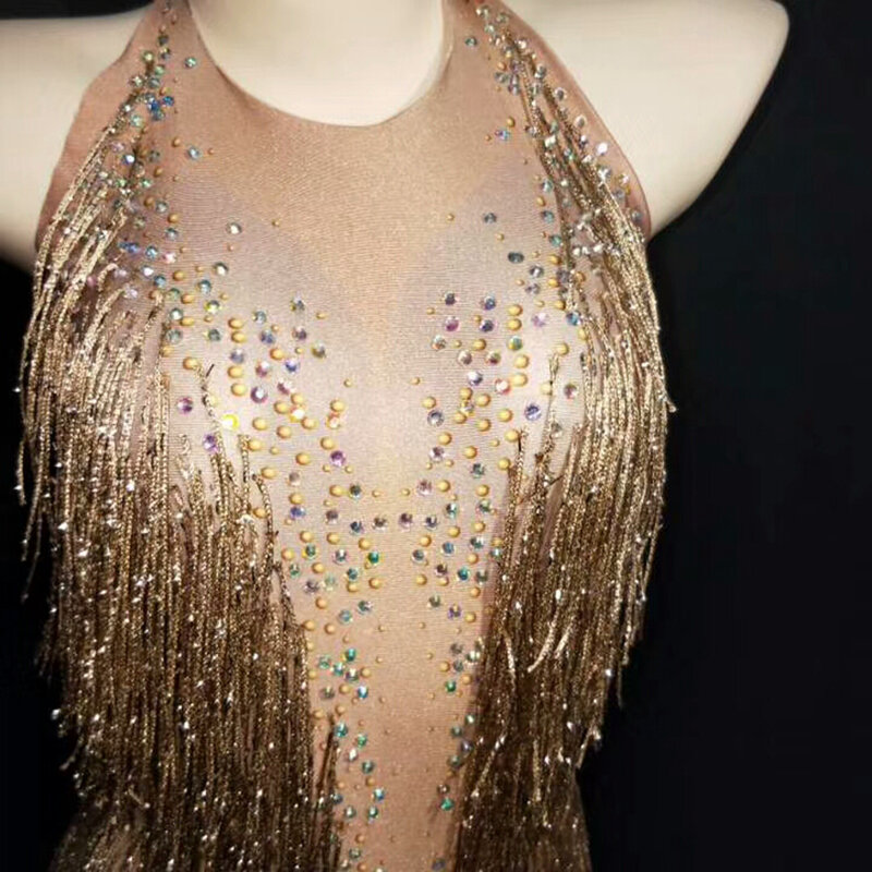 Sparkly Goldene Quaste Body Frauen Strass Outfit Glisten Perlen Kostüm einteiliges Dance Tragen Sänger Bühne Trikot Kopfschmuck