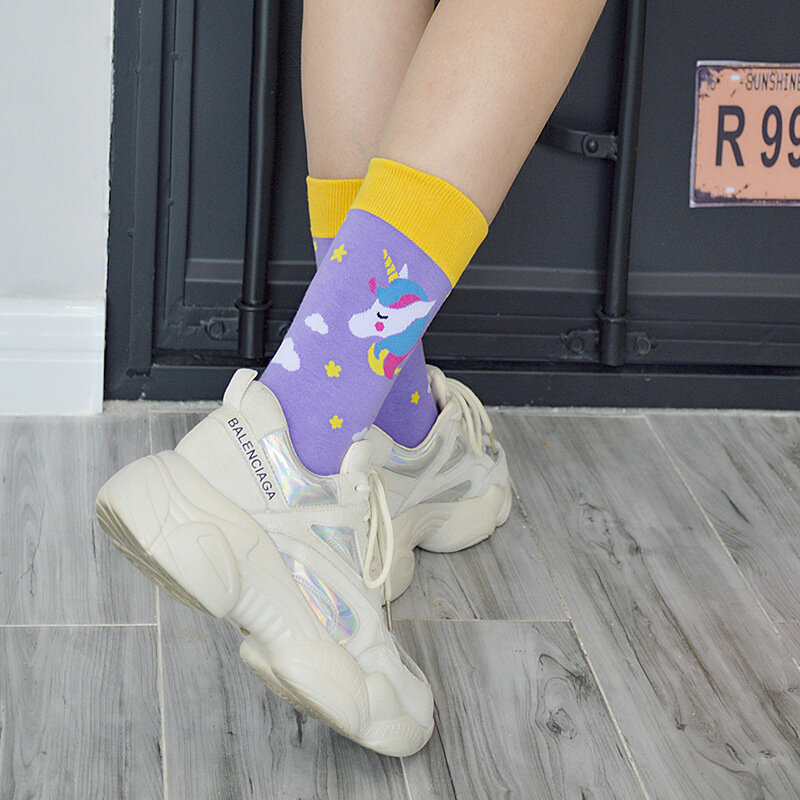 Носки женские в стиле Харадзюку, смешные Мультяшные носки с фруктами, единорогом, фламинго, милые носки для скейтборда с рисунком животных