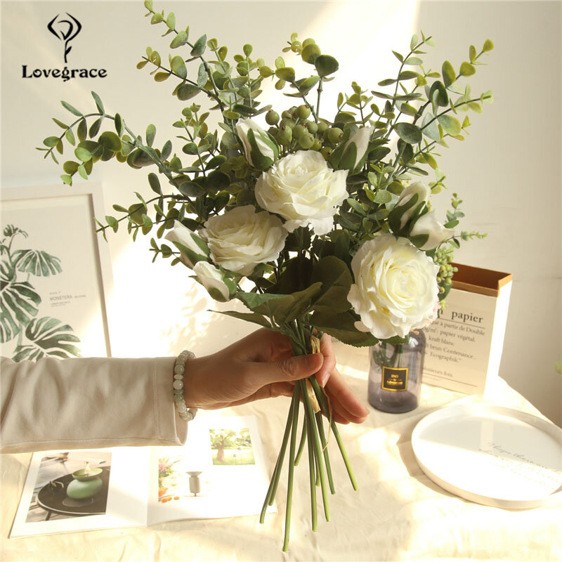 Lovegrace-ramo de flores de seda Artificial para novia, flores de boda, dama de honor, rosa, hojas de eucalipto, centro de mesa, accesorios