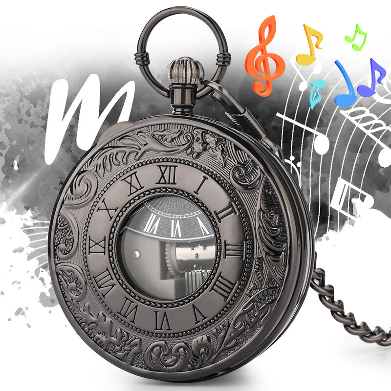 Relógio de bolso movimento de música de quartzo preto clássico relógio de música do vintage relógio de pulso e corrente pingente presente
