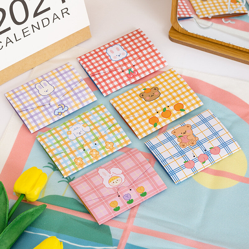10pcs Cartoon Cute Plaid Bear Bunny Envelope Foldable Message Card Birthday Wishes Card Greeting Card Small Stationery Gift