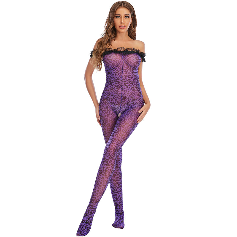 sexy lingerie Purple underwear silk Leopard print full body stocking  bodystocking
