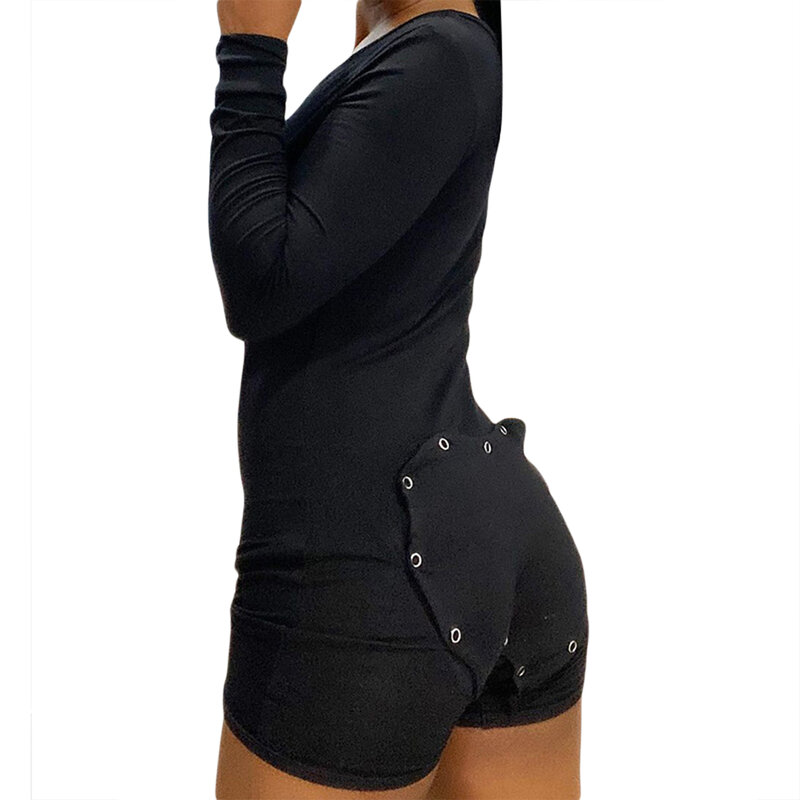 여성의 v-목 Buttoned 긴 소매 Jumpsuit 캐주얼 꽉 틈새 수 놓은 Strechy 슬림 Rompers 봄 가을