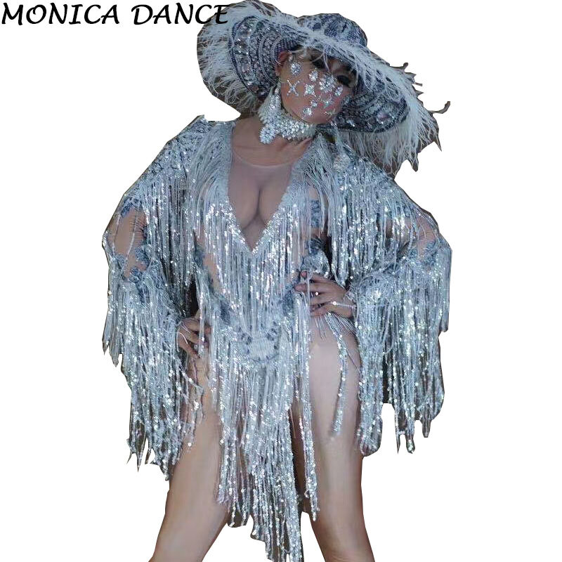 Sparklyเลื่อมFringes Bodysuitหมวกเครื่องแต่งกายผู้หญิงOne-Piece Danceสวมนักร้องStage Leotard Raveเทศกาลเครื่องแต่งกาย