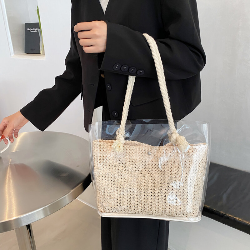 Bolsa de tecido de palha das mulheres, grande capacidade alça casual saco, bolsa de ombro vintage, para sua mãe, verão, para viagens, novo