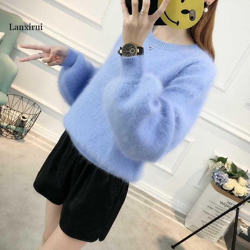Autumn Loose Pullover Sweater Furry Lantern Sleeves Imitation Water Velvet White Plush Thickening Sweater Warm Women Tops
