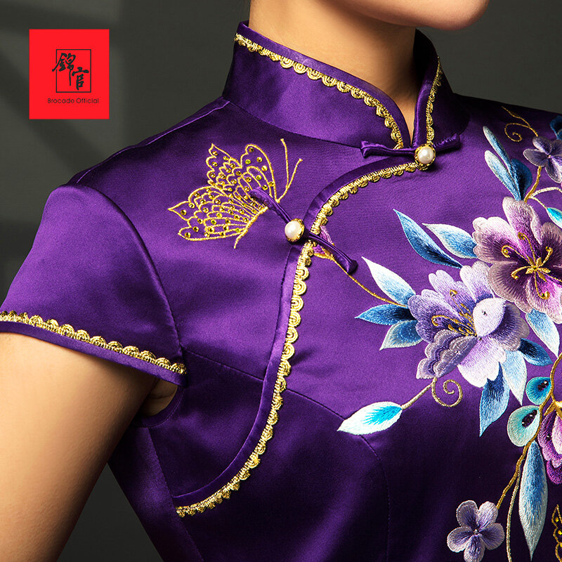Jinguanシルクチャイナドレス長針刺繍シルク改善されたチャイナファッションレトロ中国ドレス