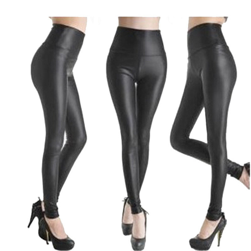 Cuhakci mulheres magro calças de couro elástico alta leggings com zíper coreano clássico preto legging fino couro falso leggins